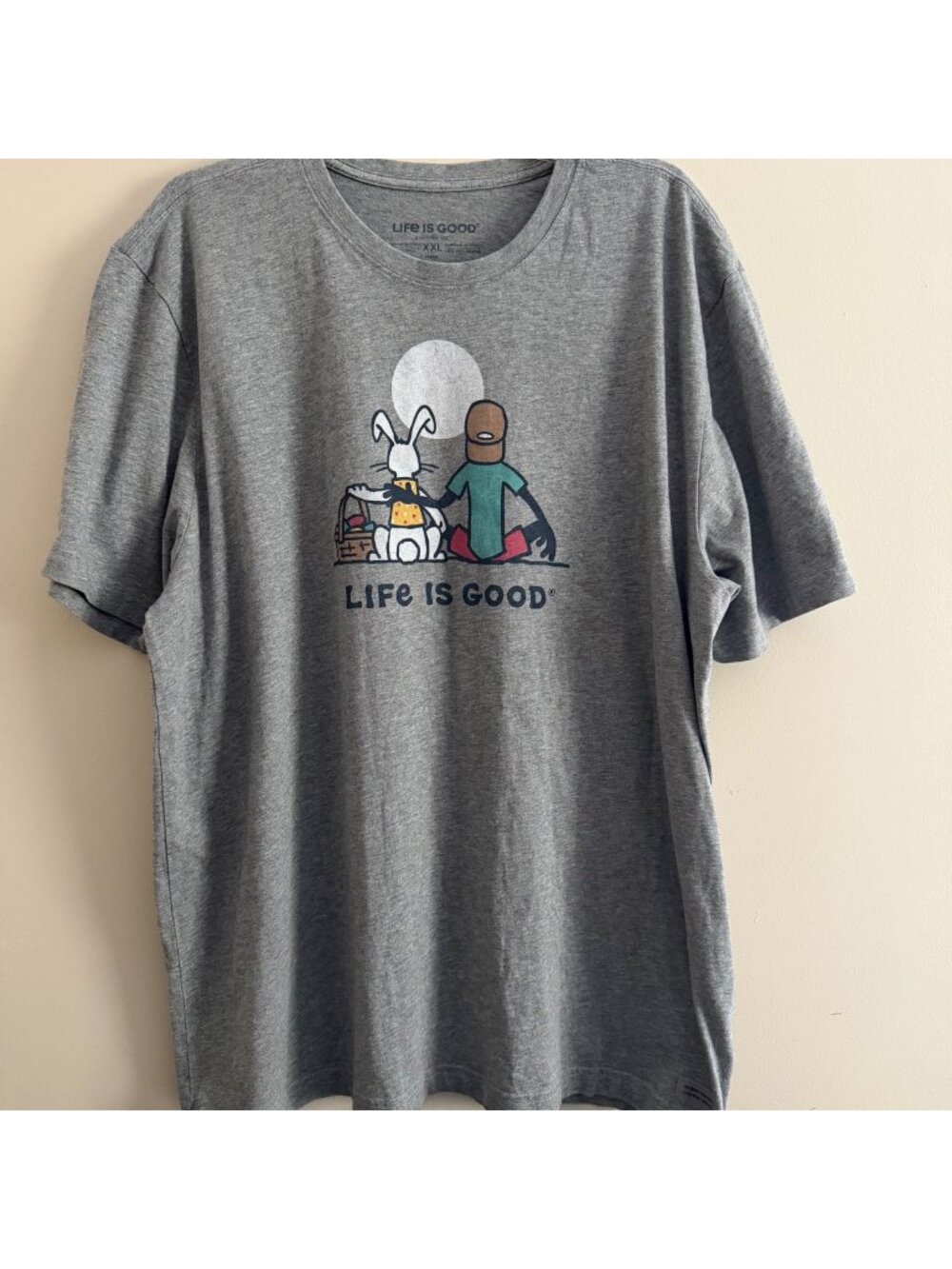 Life is Good Mens Crusher Tshirt Gray Man and Rabbit Watching Sunset Gray Sz XXL